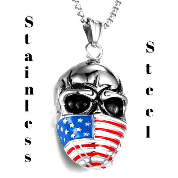 Jewelry - USA America Flag Biker Skull Heavyweight N…